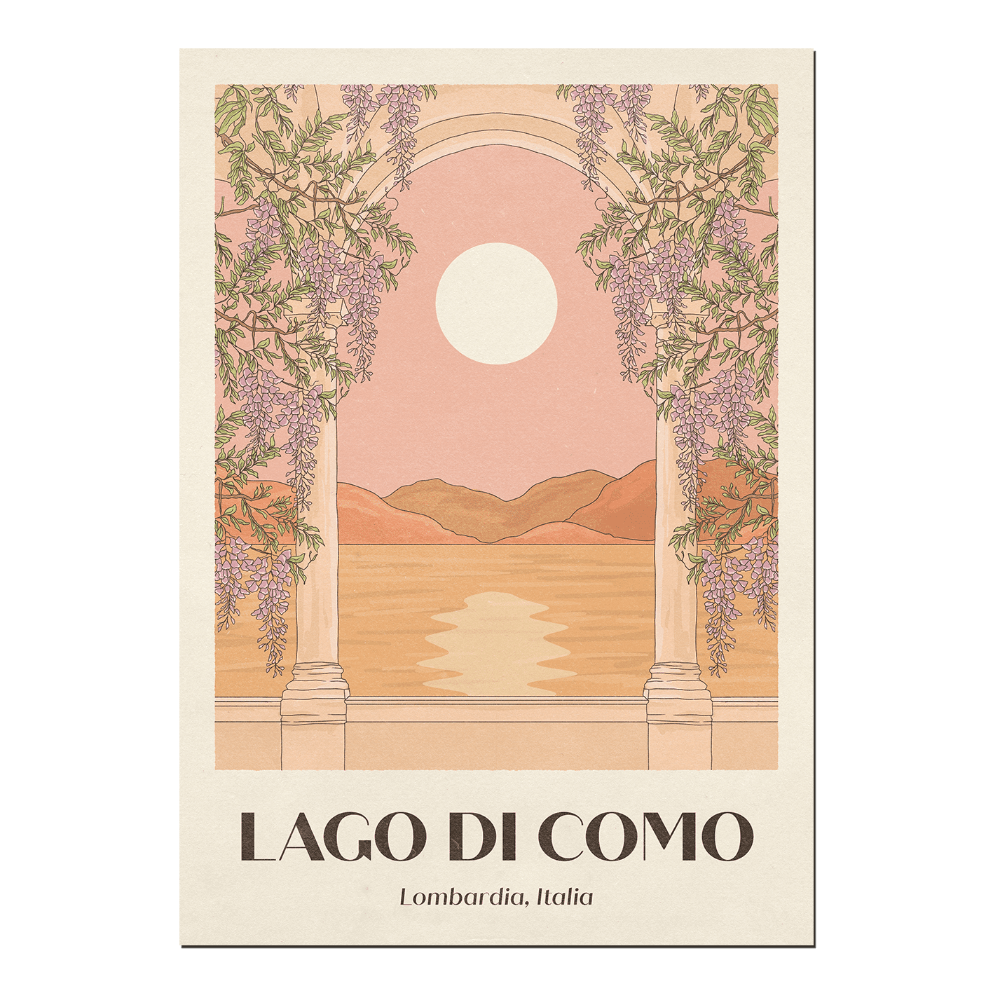 Lago di Como Print depicting the tranquil and picturesque scene of Lake Como, displayed on a white backdrop.
