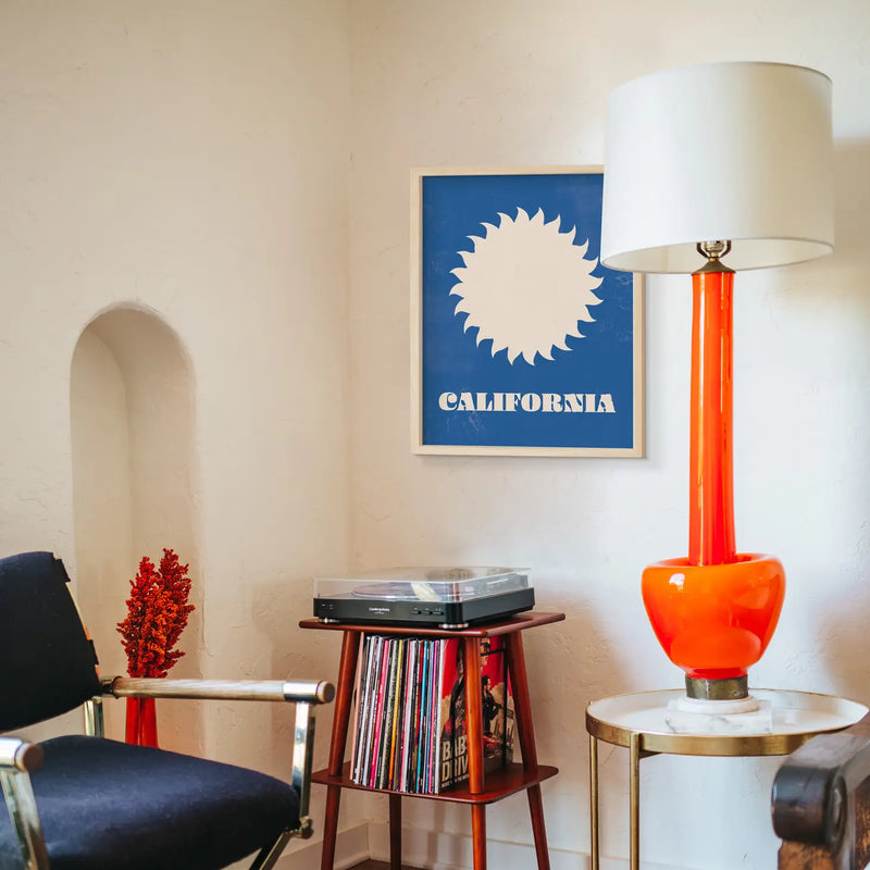 Artistic print portraying the radiant energy and beauty of California's sun, surf, and landscapes.