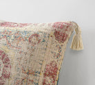 Image of the 'Handmade Printed Persian Cotton Pillow Cover', highlighting its soft, fluffy texture, the handmade tassels at each corner, and the intricate printed design.