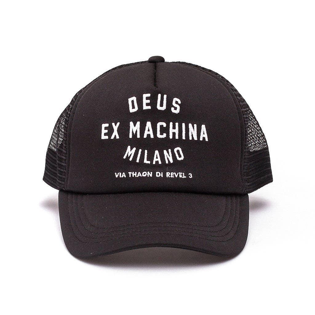 Image of the 'Deus Ex Machina - Milano Address Trucker Hat', showcasing the Deus Milano address embroidery on the front and the breathable nylon mesh back.
