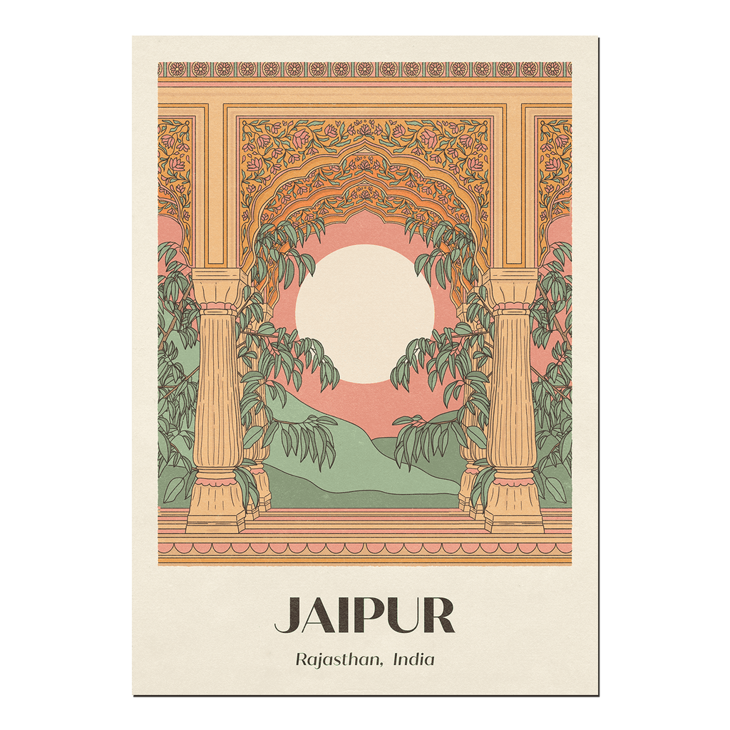 Colorful Jaipur Print showcasing the city's iconic landmarks and culture, displayed against a clean, white background.