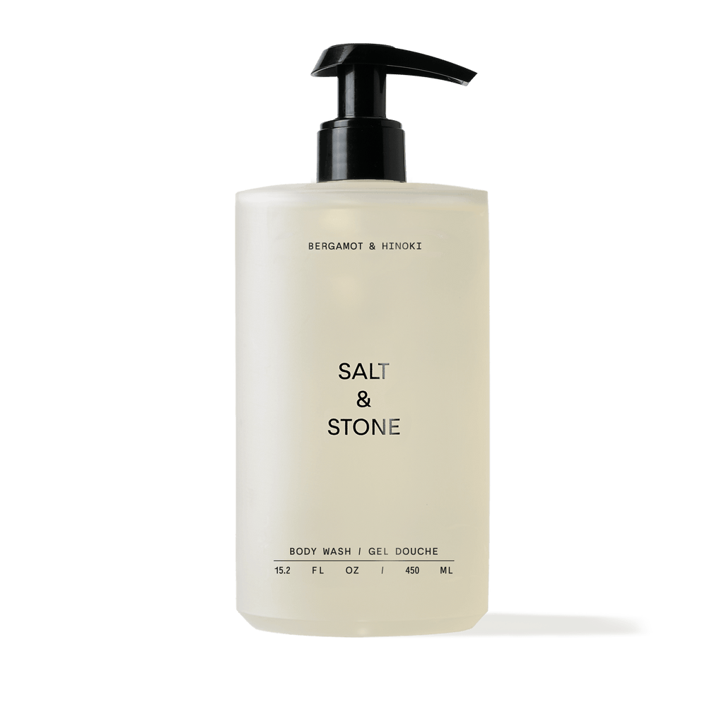 Image of Salt&Stone's Bergamot & Hinoki Body Wash in a sleek, minimalist designed bottle, positioned against a serene background.