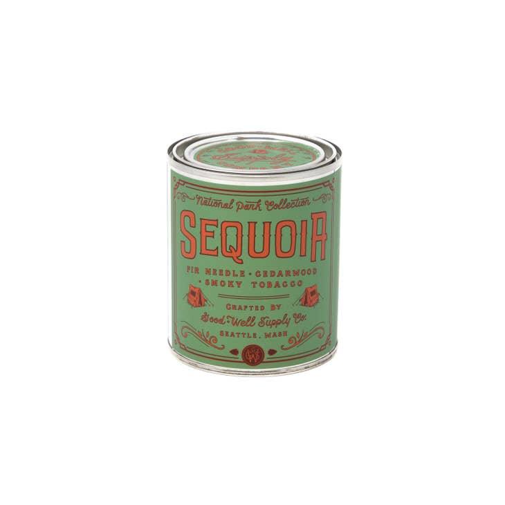 Sequoia Soy Candle in sustainable packaging, diffusing a deep, woodsy scent reminiscent of the ancient sequoia forest.