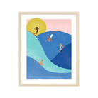 Vibrant print of women surfers enjoying the waves, embodying the spirit of fun and freedom.