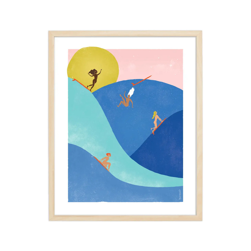 Vibrant print of women surfers enjoying the waves, embodying the spirit of fun and freedom.