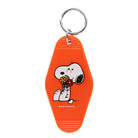 Peanuts® Snoopy Flower Bouquet Key Tag featuring Snoopy holding a bouquet of colorful flowers on a vibrant orange background.