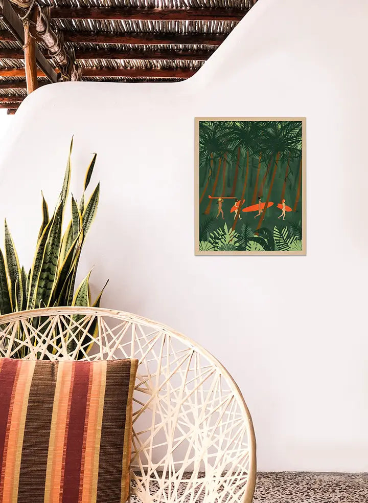 Artistic representation of a woman surfer amidst a lush tropical jungle, embodying the essence of wild adventure and camaraderie.