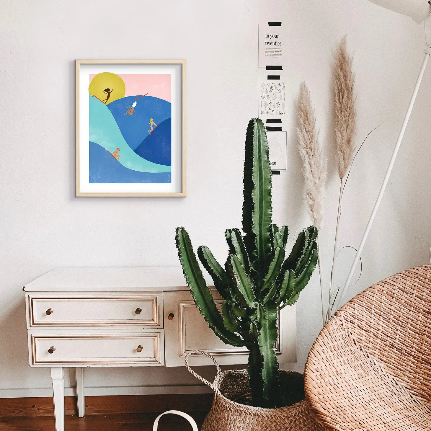 Vibrant print of women surfers enjoying the waves, embodying the spirit of fun and freedom.
