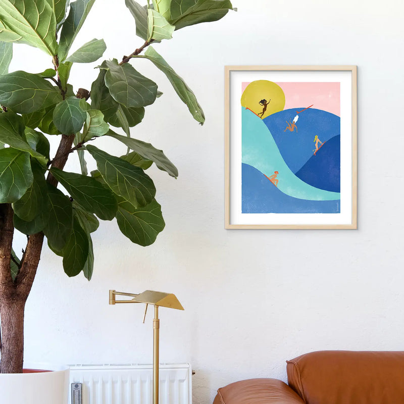 Vibrant print of women surfers enjoying the waves, embodying the spirit of fun and freedom.