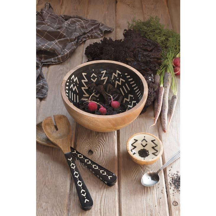 Ziggy Mango Wood Serving Utensil - Elegant serving utensils with white abstract design and mango wood handles, ideal for meal presentations.