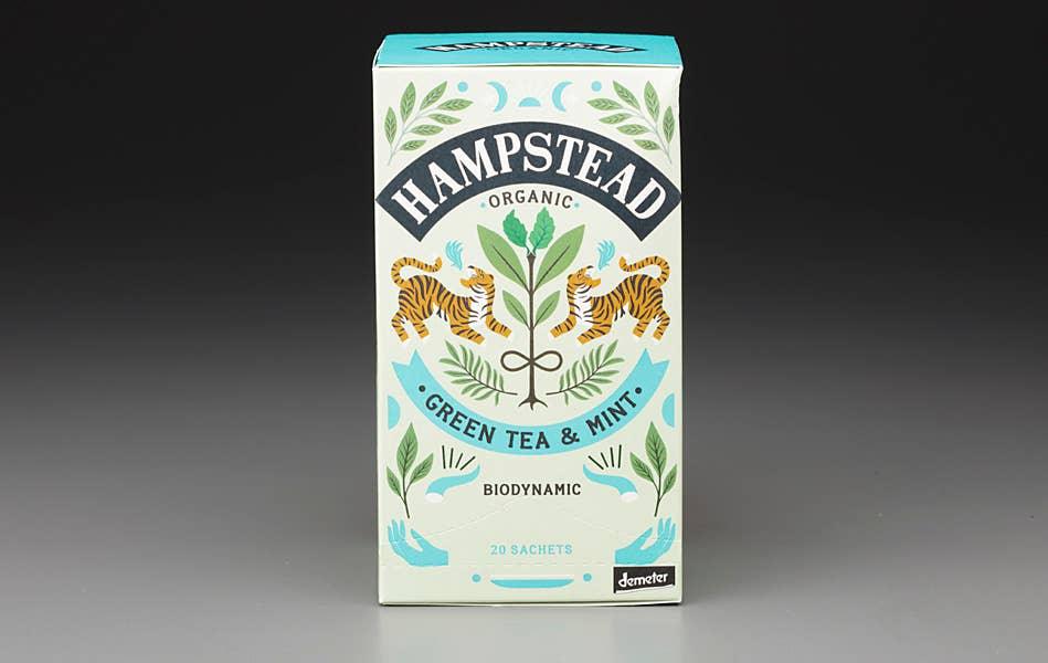 Image of Hampstead Organic Green Tea & Mint, a luxurious blend of Darjeeling green tea, Egyptian peppermint, spearmint, and liquorice.