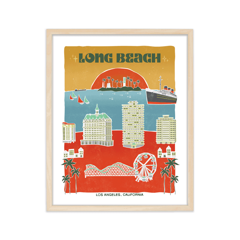 Artistic depiction of Long Beach's scenic boardwalk, harbor, and city skyline, encapsulating its coastal allure.