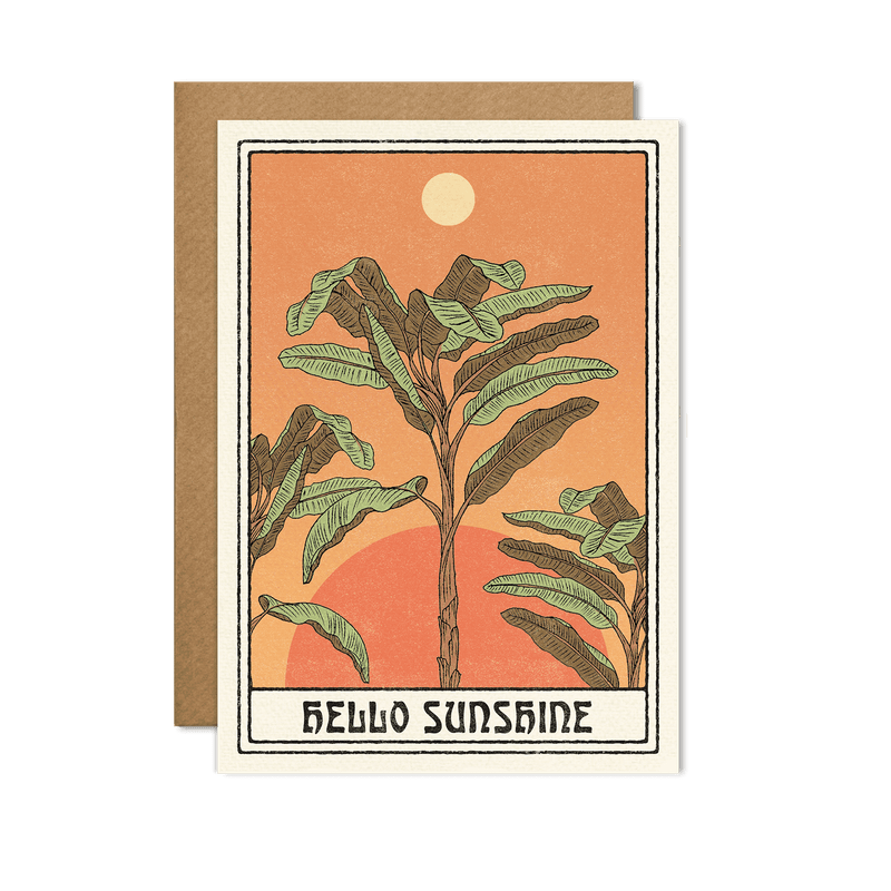 "Hello Sunshine" Card showcasing a sunny, vibrant design on a pastel yellow background, placed on a light wooden surface.