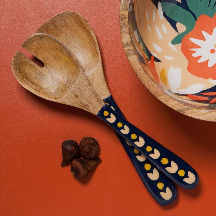Superbloom Mango Wood Server Utensil Set - Floral motif mango wood serving utensils, perfect for enhancing any dining experience.