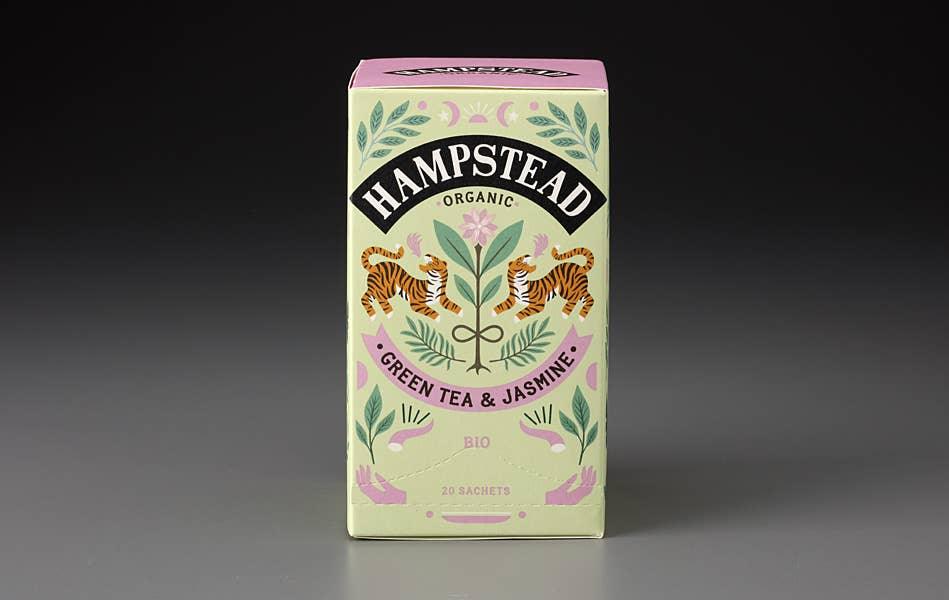 Image of Hampstead Organic Green Tea & Jasmine, a blend of young Jasmine flowers, green tea, and Bergamot, creating a floral tea with a hint of citrus.