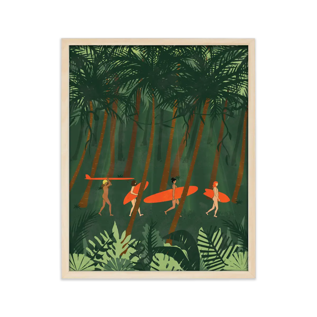Artistic representation of a woman surfer amidst a lush tropical jungle, embodying the essence of wild adventure and camaraderie.