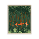 Artistic representation of a woman surfer amidst a lush tropical jungle, embodying the essence of wild adventure and camaraderie.