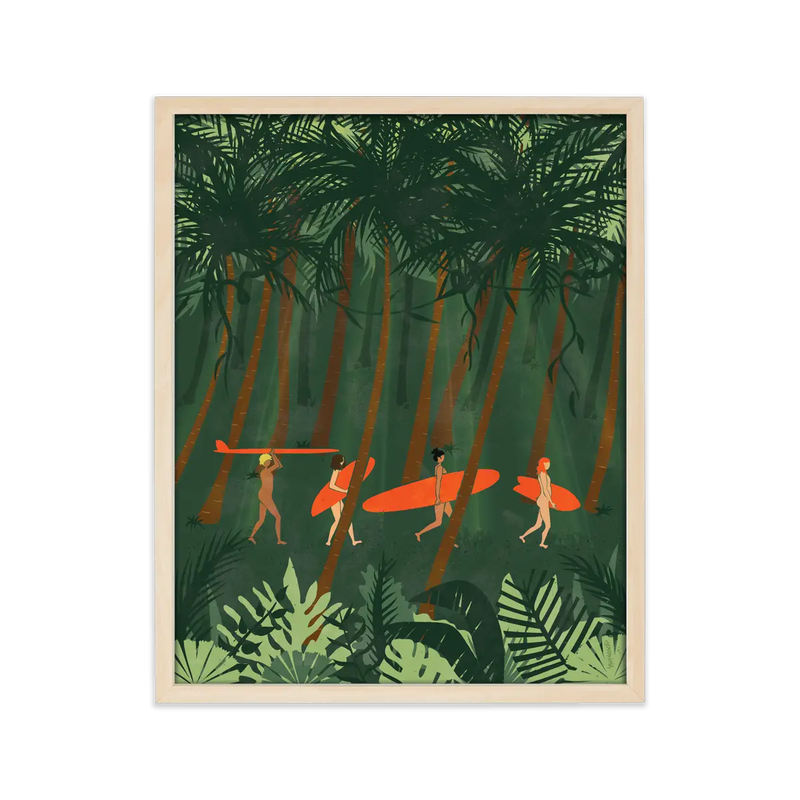 Artistic representation of a woman surfer amidst a lush tropical jungle, embodying the essence of wild adventure and camaraderie.