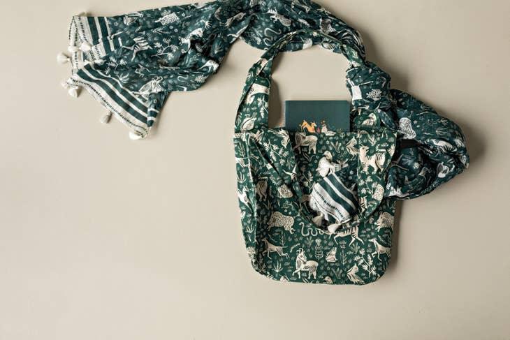 Boundless To and Fro-Tapestry-inspired, sustainable tote bag featuring mystical creatures and exotic flora.
