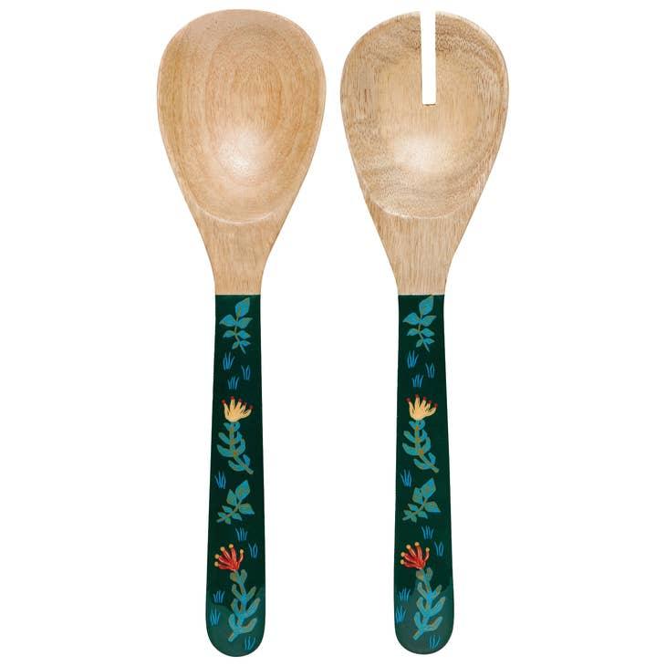 Floral Mango Wood Salad Servers with intricate floral design, displayed on a neutral surface.