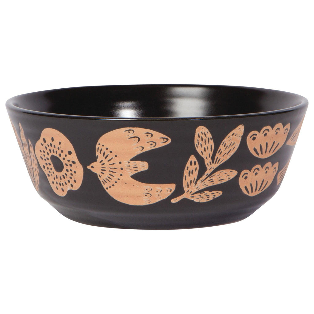 Myth Stoneware Bowl - Scandi-inspired 6-inch bowl with ancient symbol imprints and horizontal ridged detail.