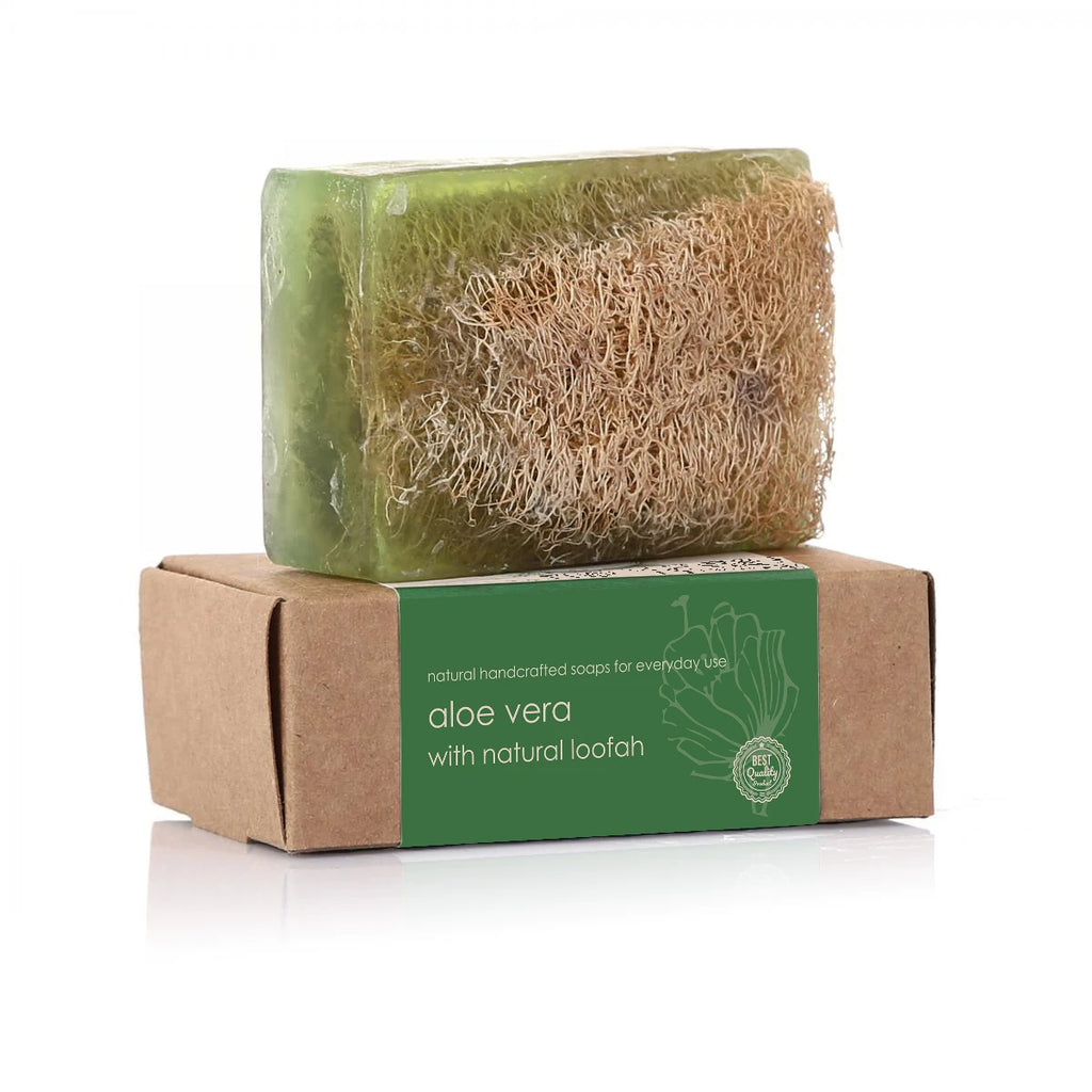 Aloe Vera Soap with Loofah, providing a soothing, moisturizing, and exfoliating cleanse.