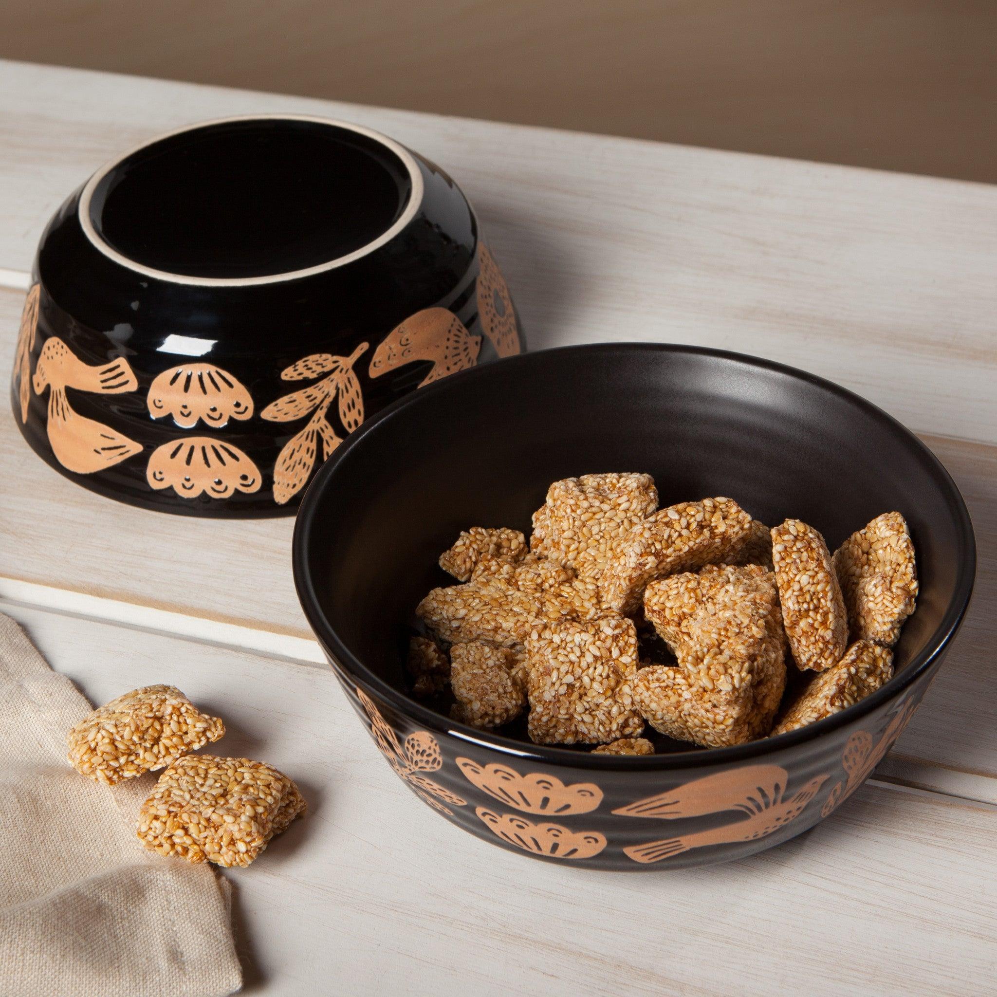 Myth Stoneware Bowl - Scandi-inspired 6-inch bowl with ancient symbol imprints and horizontal ridged detail.