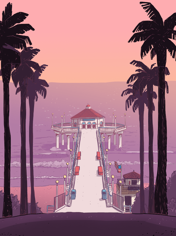 Manhattan Beach Pier, Los Angeles: A stunning view of the iconic Manhattan Beach Pier in Los Angeles, extending into the Pacific Ocean under a beautiful sky.