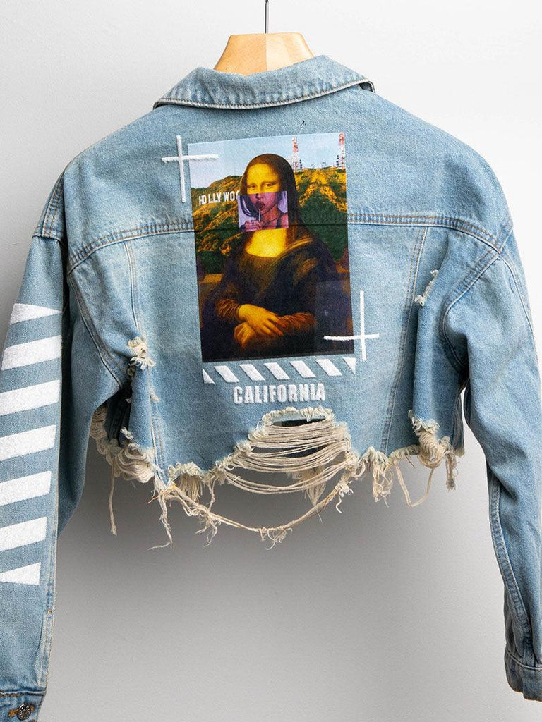 Mona Lisa Hollywood Denim Jacket - A masterpiece-inspired denim jacket for a unique and artistic look.