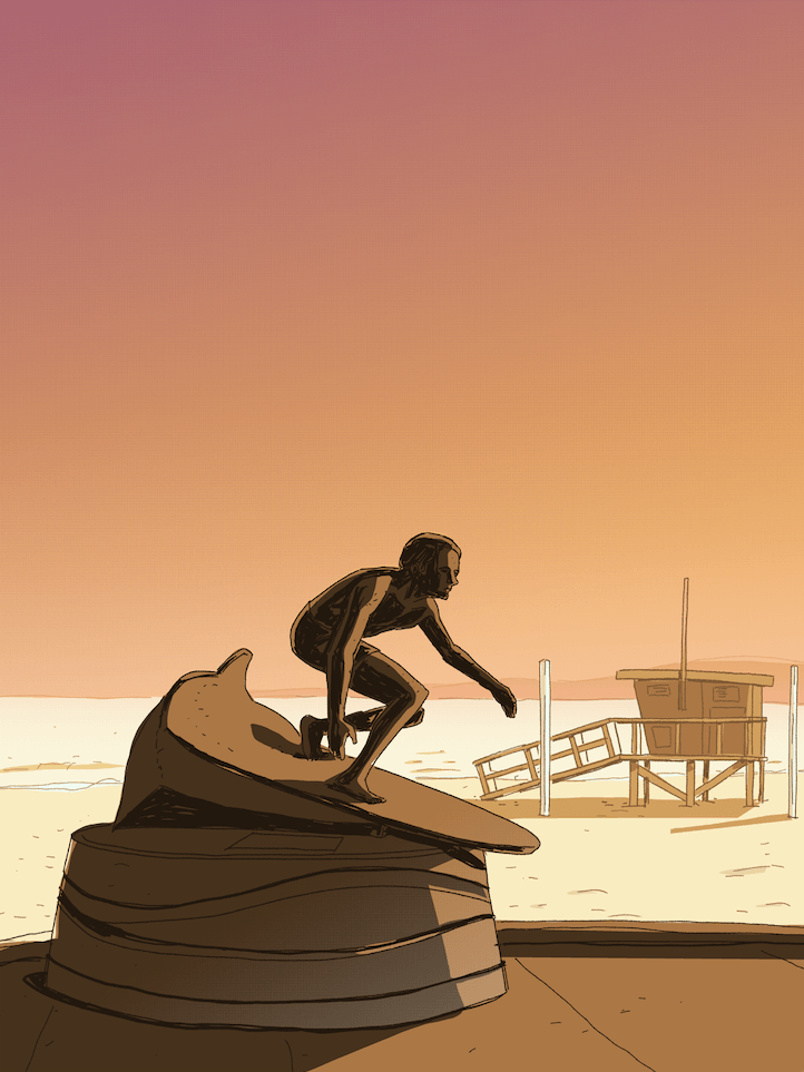 Hermosa Beach Tim Kelly Print: Artistic representation of Hermosa Beach's iconic Tim Kelly Lifeguard Tower against a serene ocean backdrop.