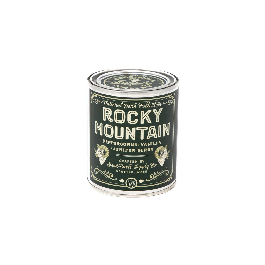 Rocky Mountain Soy Candle in sustainable packaging, emanating a brisk, woodsy scent reminiscent of the majestic mountain range.