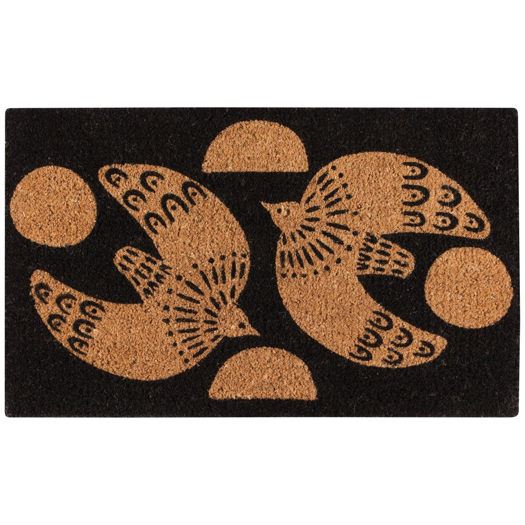 Myth Doormat - Biodegradable coir doormat with soaring dove design against a rustic black backdrop.